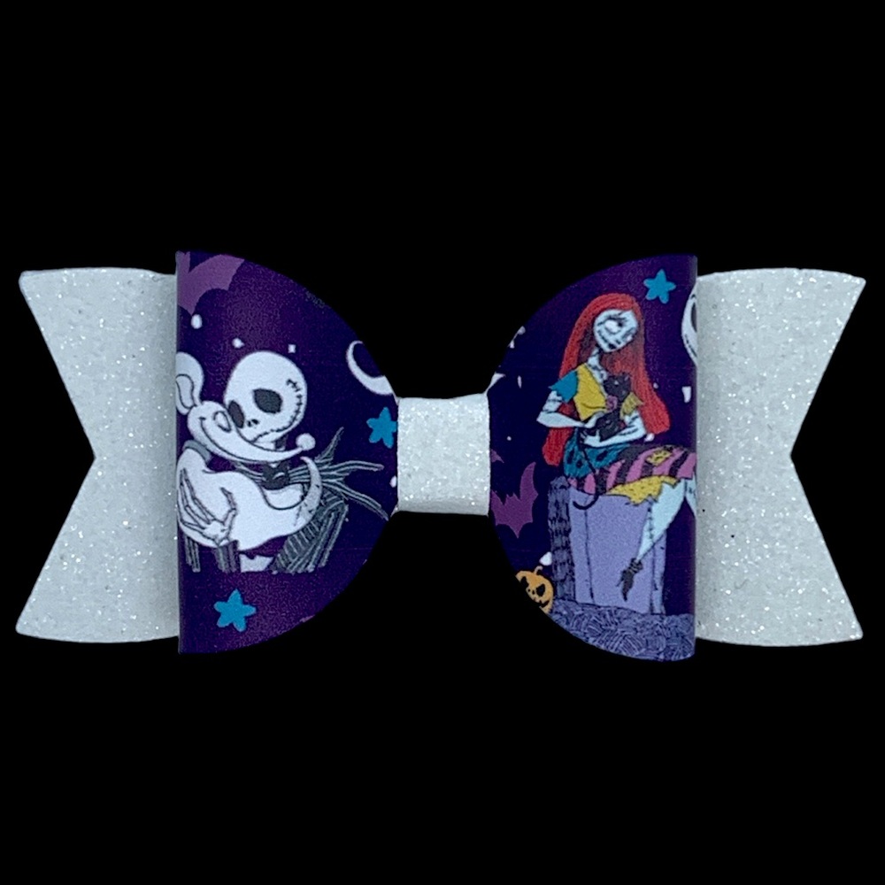 Girls Hair Bow White Glitter Nightmare Before Christmas